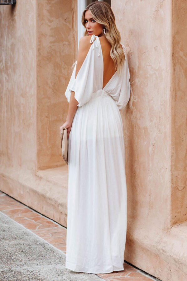 Women's Summer Short Sleeve Maxi Dress Cold Shoulder Backless Deep V Neck Dress - Image 2