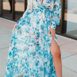Women Boho Summer Wrap Dress V Neck Floral Long Sleeve Maxi Dress with Slit