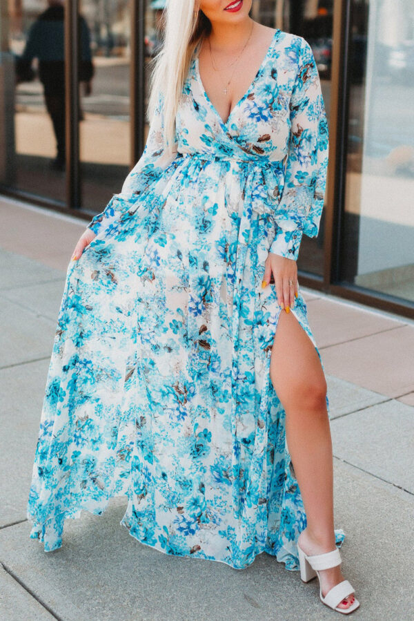 Women Boho Summer Wrap Dress V Neck Floral Long Sleeve Maxi Dress with Slit