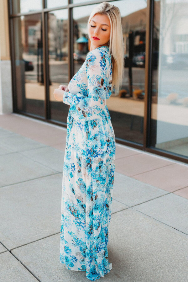 Women Boho Summer Wrap Dress V Neck Floral Long Sleeve Maxi Dress with Slit - Image 3