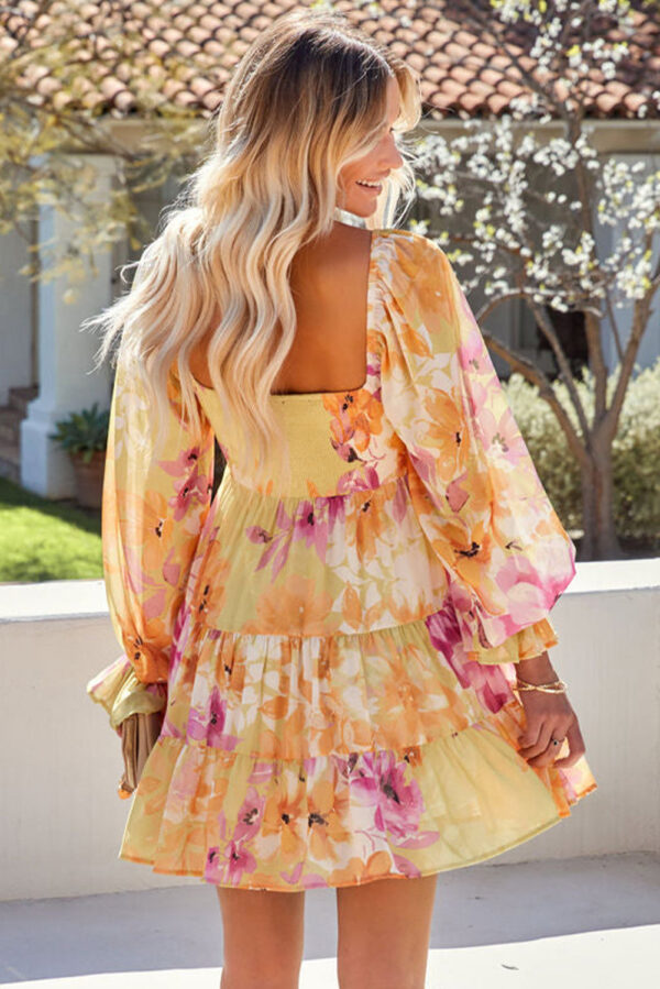 Womens Square Neck Puffy Sleeve Smocked Babydoll Dress Floral Flowy Short Dresses - Image 2