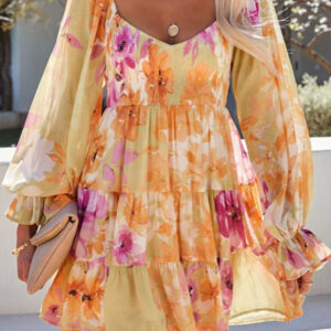 Womens Square Neck Puffy Sleeve Smocked Babydoll Dress Floral Flowy Short Dresses