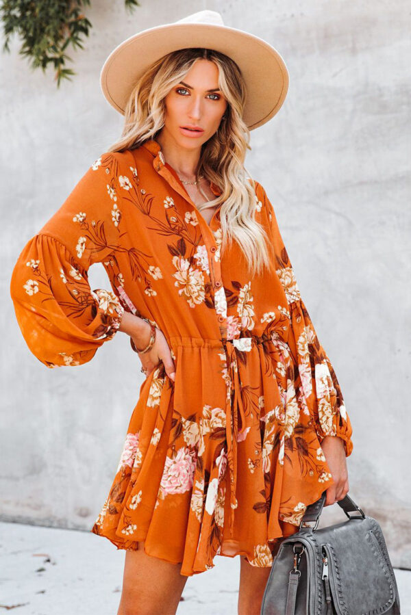 Women's Long Sleeve Ruffle Dress Floral Flowy Boho Mini Short Beach Dress - Image 2