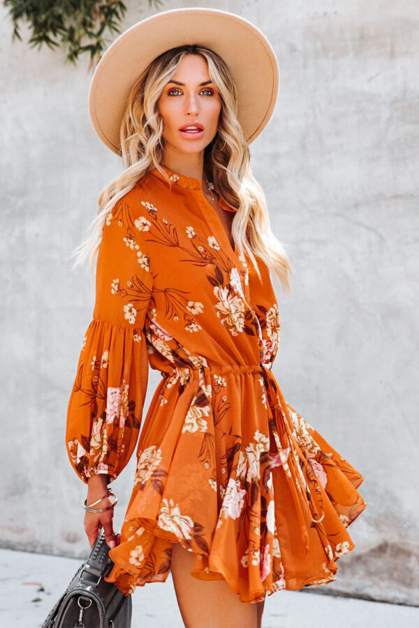 Women's Long Sleeve Ruffle Dress Floral Flowy Boho Mini Short Beach Dress - Image 3