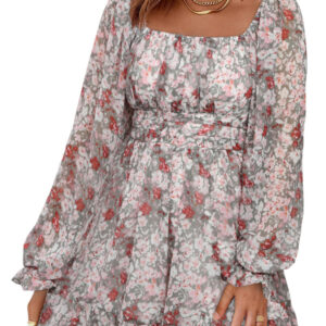 Women's Summer Mini Floral Babydoll Dress Long Sleeve Short Dresses