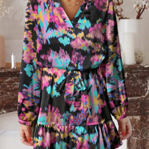 Women Casual Spring Summer Dresses Print Ruffled High Waist Mini Dress
