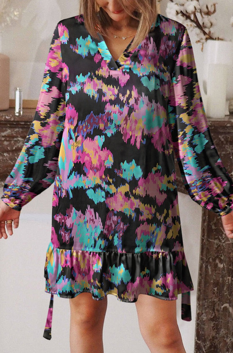 Women Casual Spring Summer Dresses Print Ruffled High Waist Mini Dress - Image 3