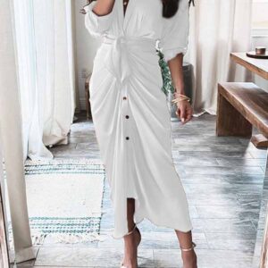 Women's Ruched Maxi Dresses Button Down Short Sleeve Maxi Shirt Satin Dress